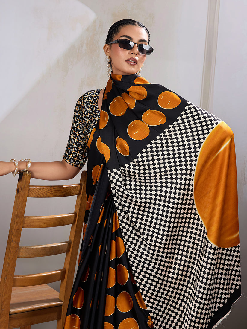 Monjolika Fashion Black & Orange Satin Printed Saree | Grocsy
