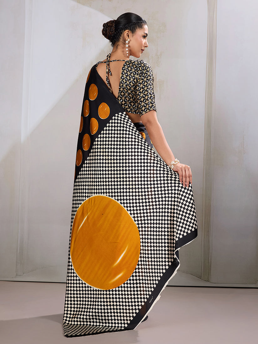 Monjolika Fashion Black & Orange Satin Printed Saree | Grocsy