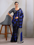 Monjolika Fashion Black & Blue Satin Printed Saree | Grocsy