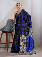 Monjolika Fashion Black & Blue Satin Printed Saree | Grocsy