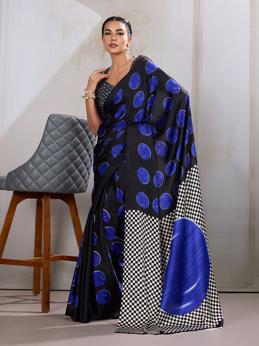 Monjolika Fashion Black & Blue Satin Printed Saree | Grocsy