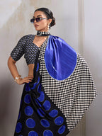 Monjolika Fashion Black & Blue Satin Printed Saree | Grocsy