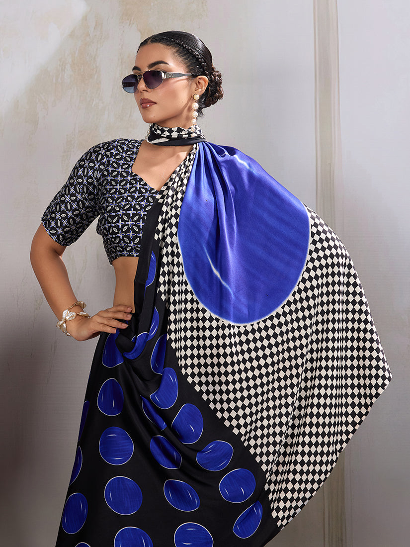 Monjolika Fashion Black & Blue Satin Printed Saree | Grocsy