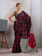 Monjolika Fashion Black & Red Satin Printed Saree | Grocsy