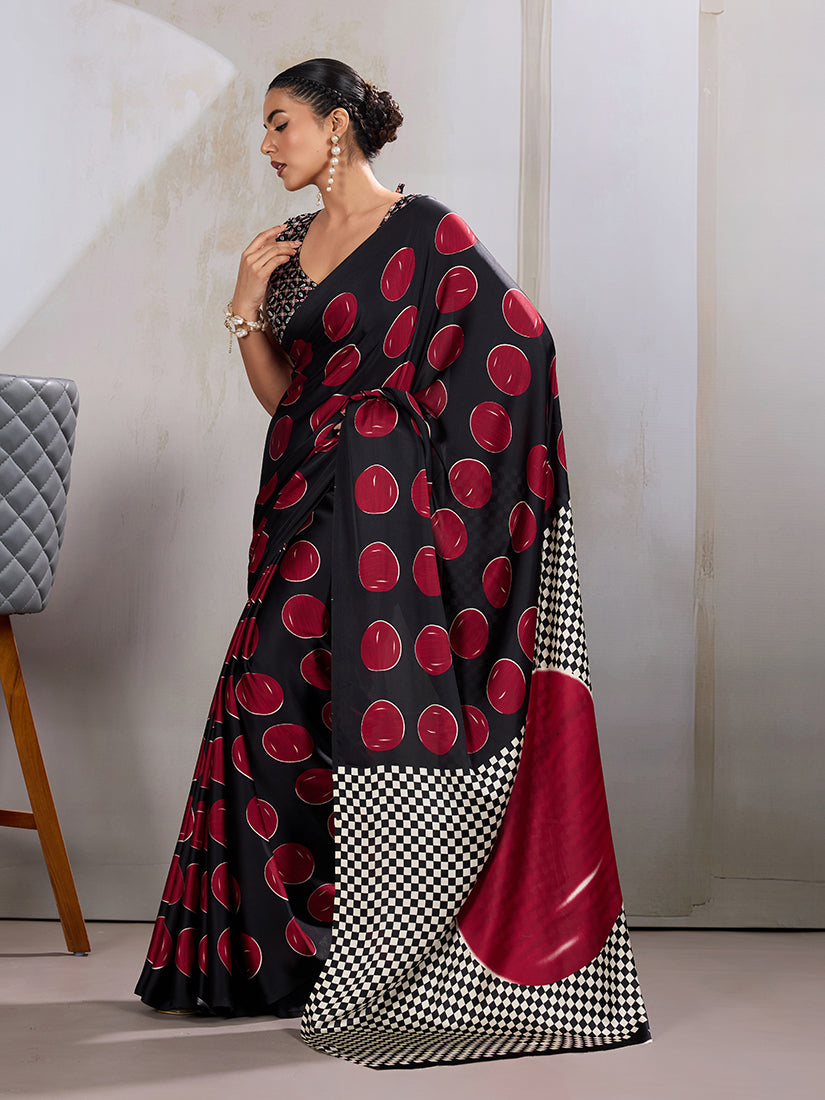 Monjolika Fashion Black & Red Satin Printed Saree | Grocsy