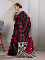 Monjolika Fashion Black & Red Satin Printed Saree | Grocsy