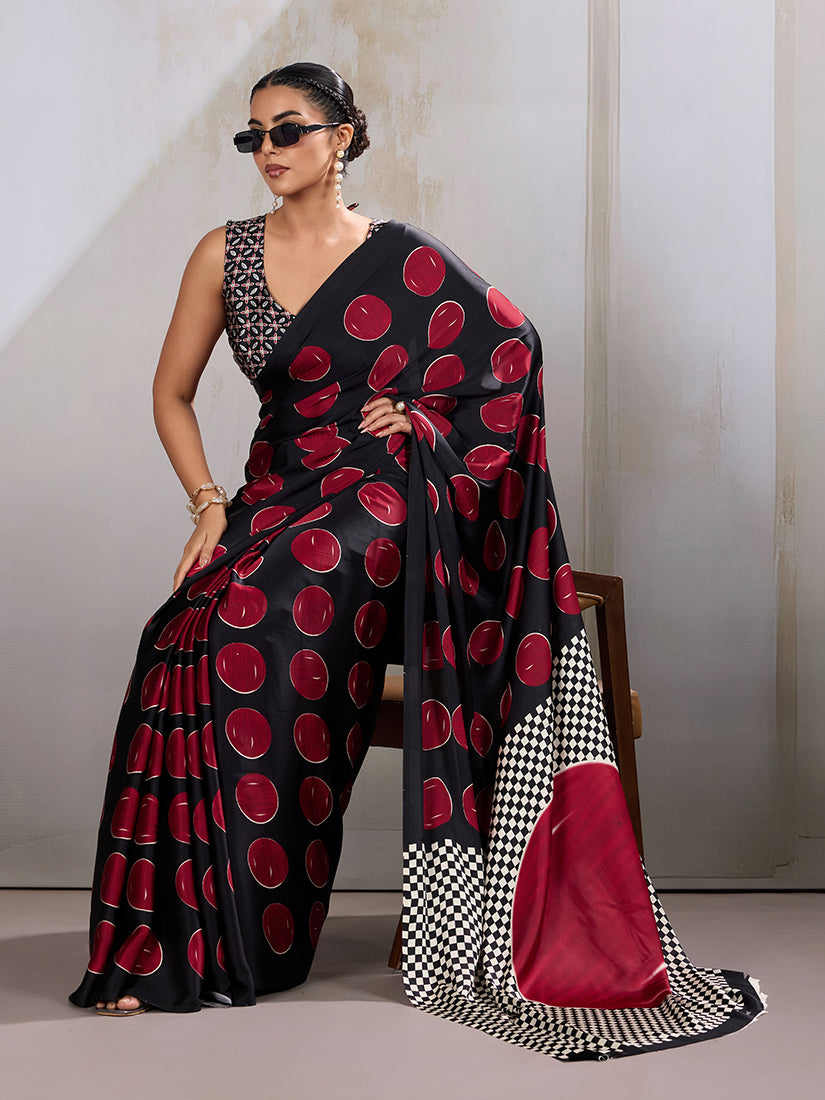 Monjolika Fashion Black & Red Satin Printed Saree | Grocsy
