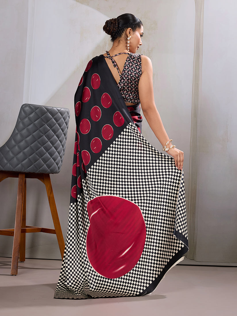 Monjolika Fashion Black & Red Satin Printed Saree | Grocsy