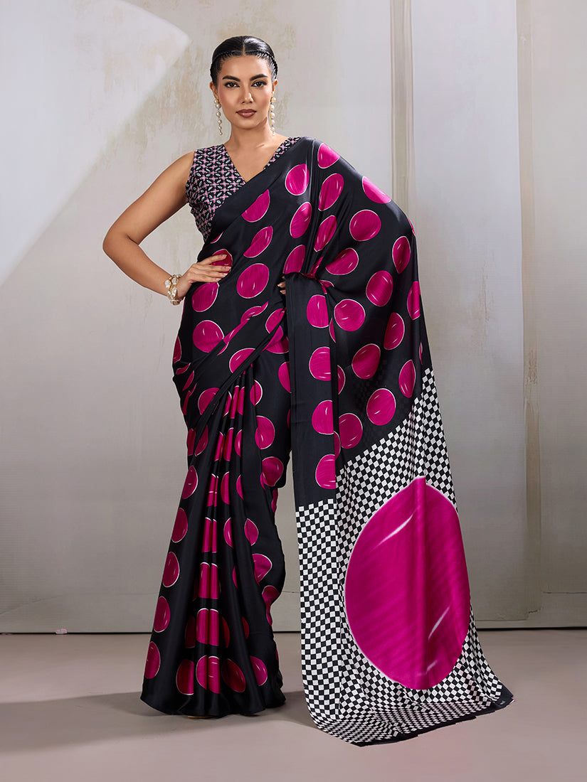 Monjolika Fashion Black & Hot Pink Satin Printed Saree | Grocsy