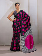 Monjolika Fashion Black & Hot Pink Satin Printed Saree | Grocsy