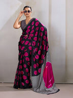 Monjolika Fashion Black & Hot Pink Satin Printed Saree | Grocsy
