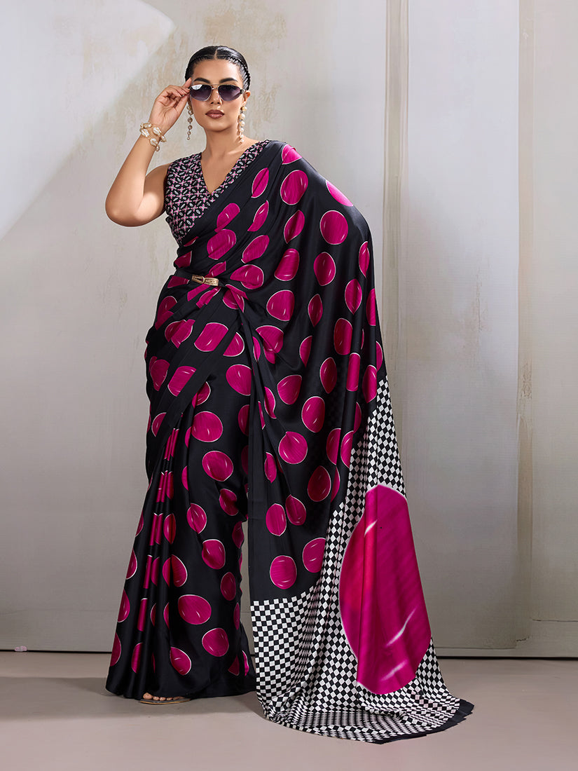 Monjolika Fashion Black & Hot Pink Satin Printed Saree | Grocsy