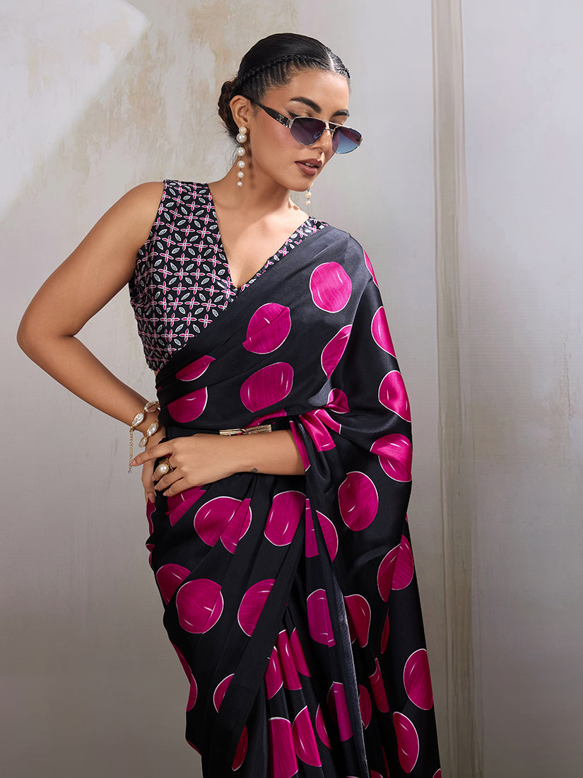 Monjolika Fashion Black & Hot Pink Satin Printed Saree | Grocsy