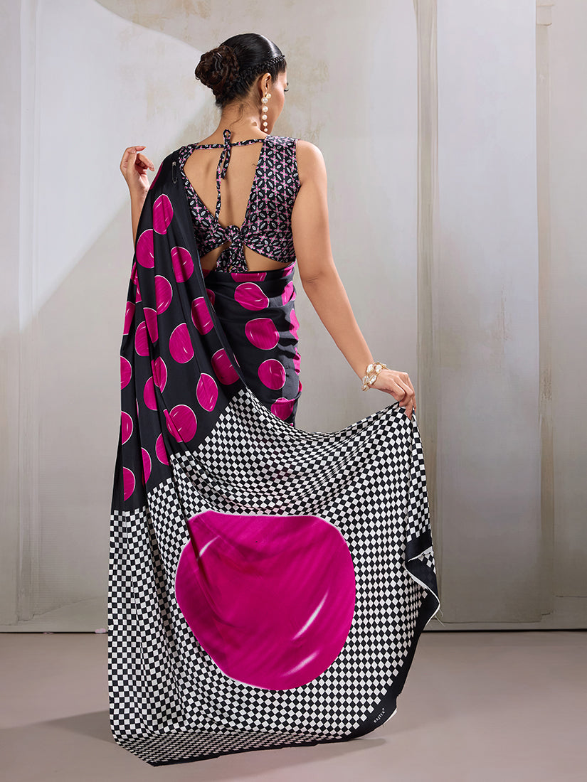 Monjolika Fashion Black & Hot Pink Satin Printed Saree | Grocsy