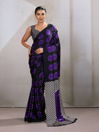 Monjolika Fashion Black & Violet Satin Printed Saree | Grocsy