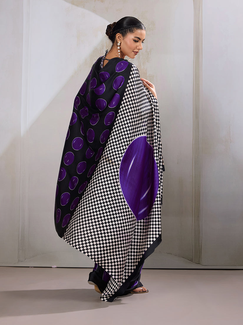 Monjolika Fashion Black & Violet Satin Printed Saree | Grocsy