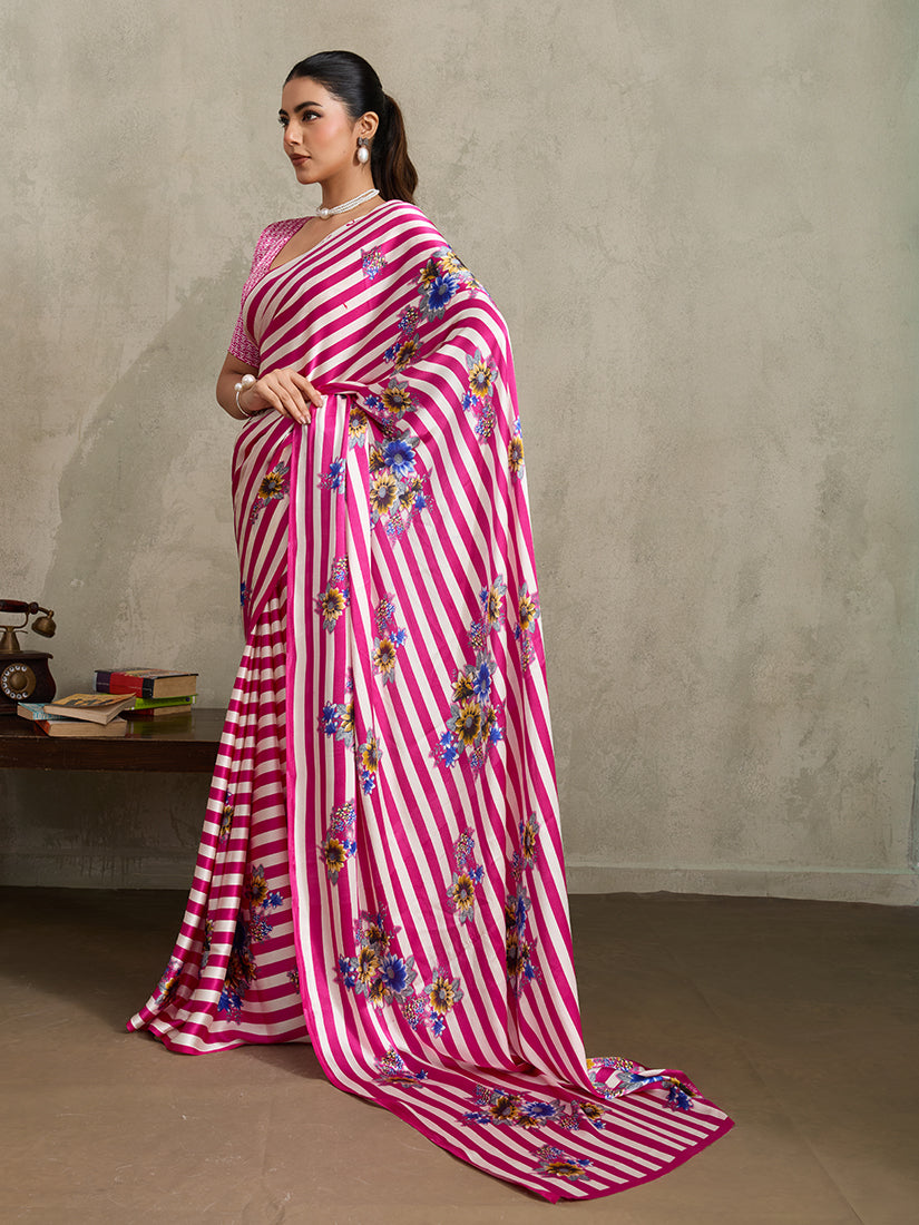 Monjolika Fashion Hot Pink Printed Satin Saree | Grocsy