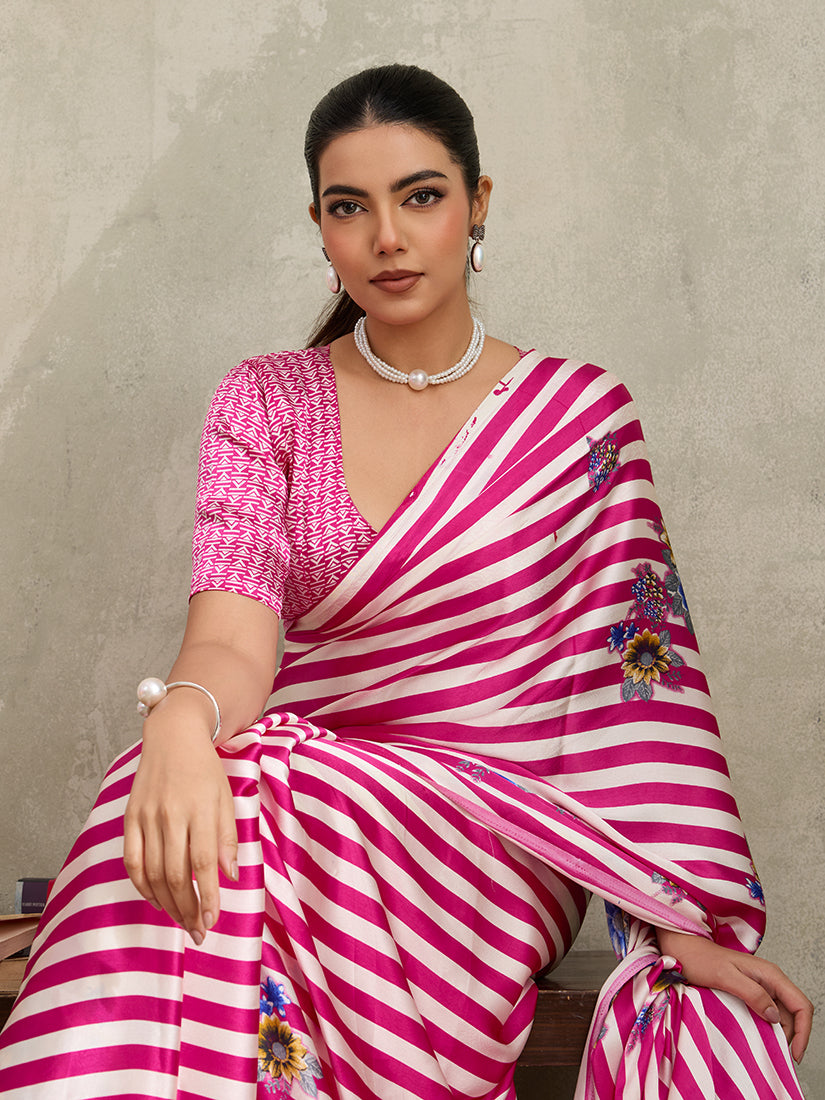 Monjolika Fashion Hot Pink Printed Satin Saree | Grocsy