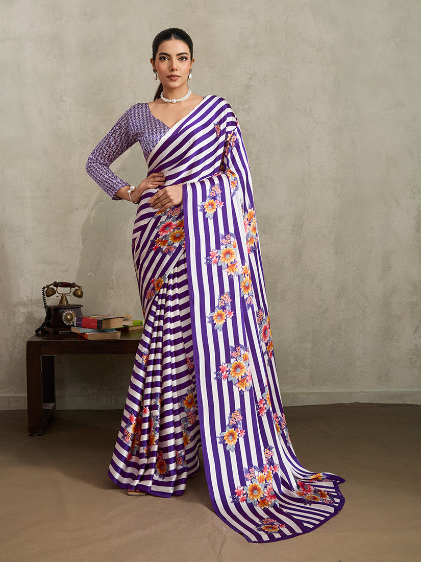Monjolika Fashion Purple Printed Satin Saree | Grocsy