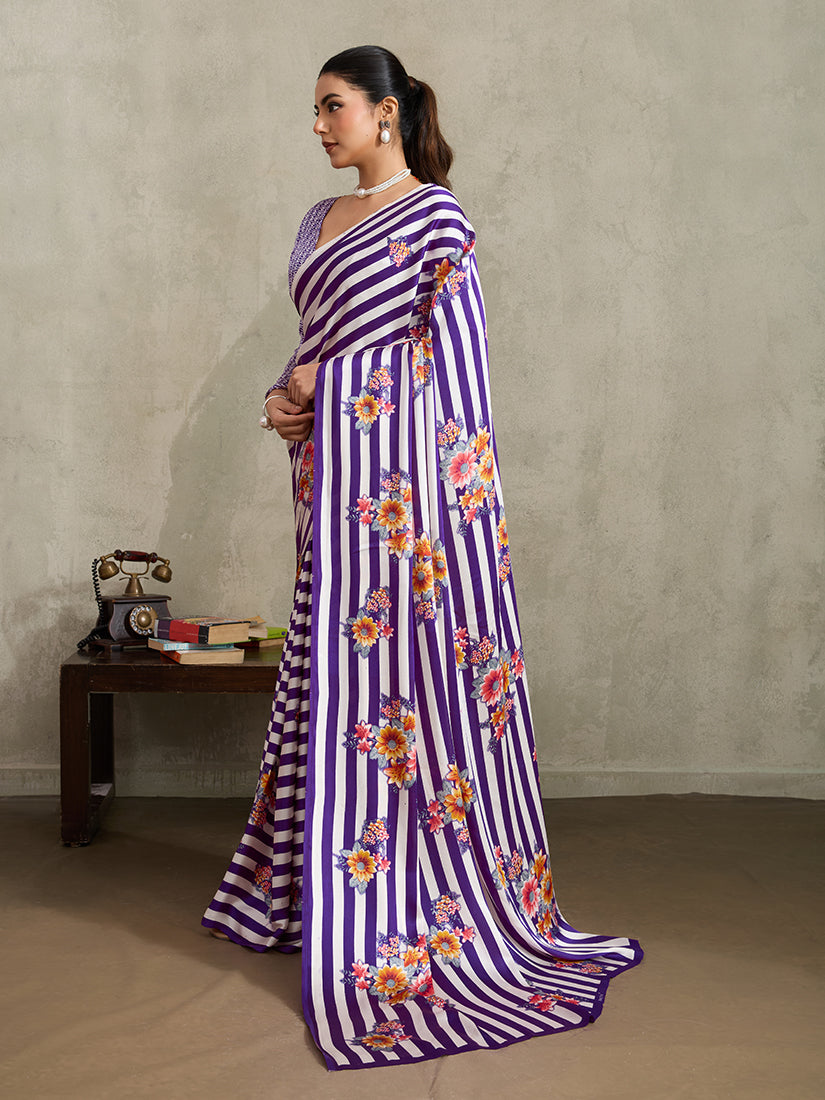 Monjolika Fashion Purple Printed Satin Saree | Grocsy