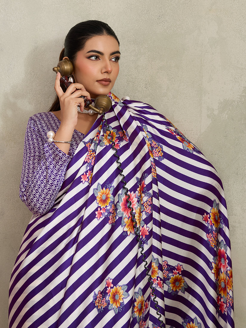 Monjolika Fashion Purple Printed Satin Saree | Grocsy