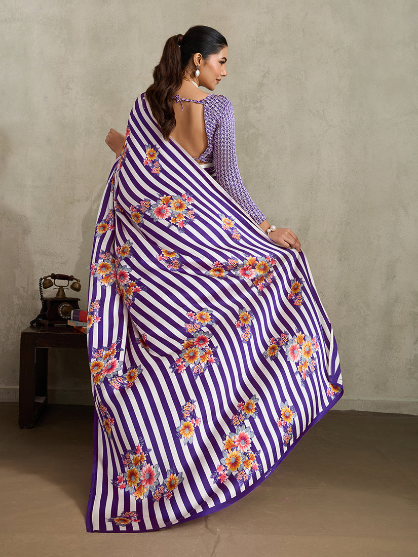 Monjolika Fashion Purple Printed Satin Saree | Grocsy