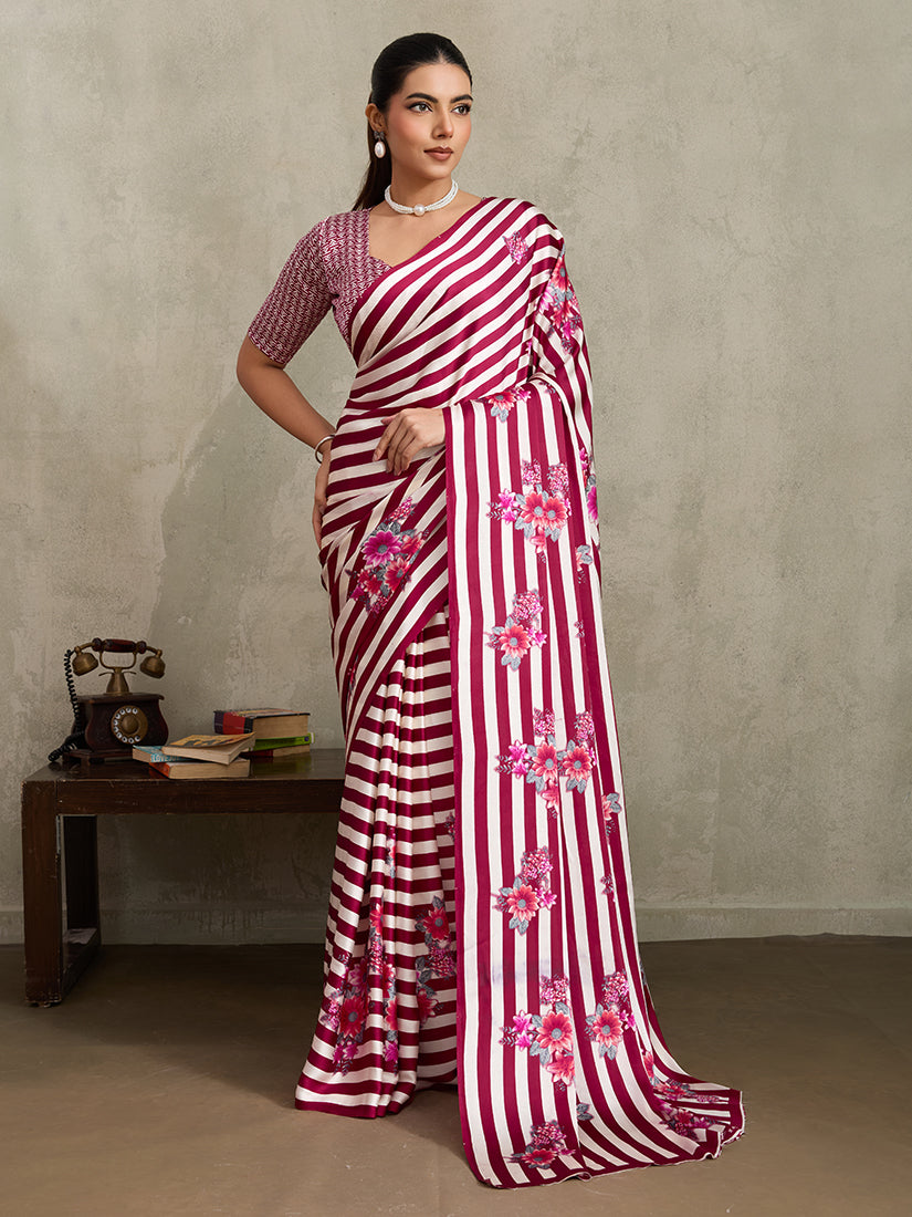 Monjolika Fashion Maroon Printed Satin Saree | Grocsy