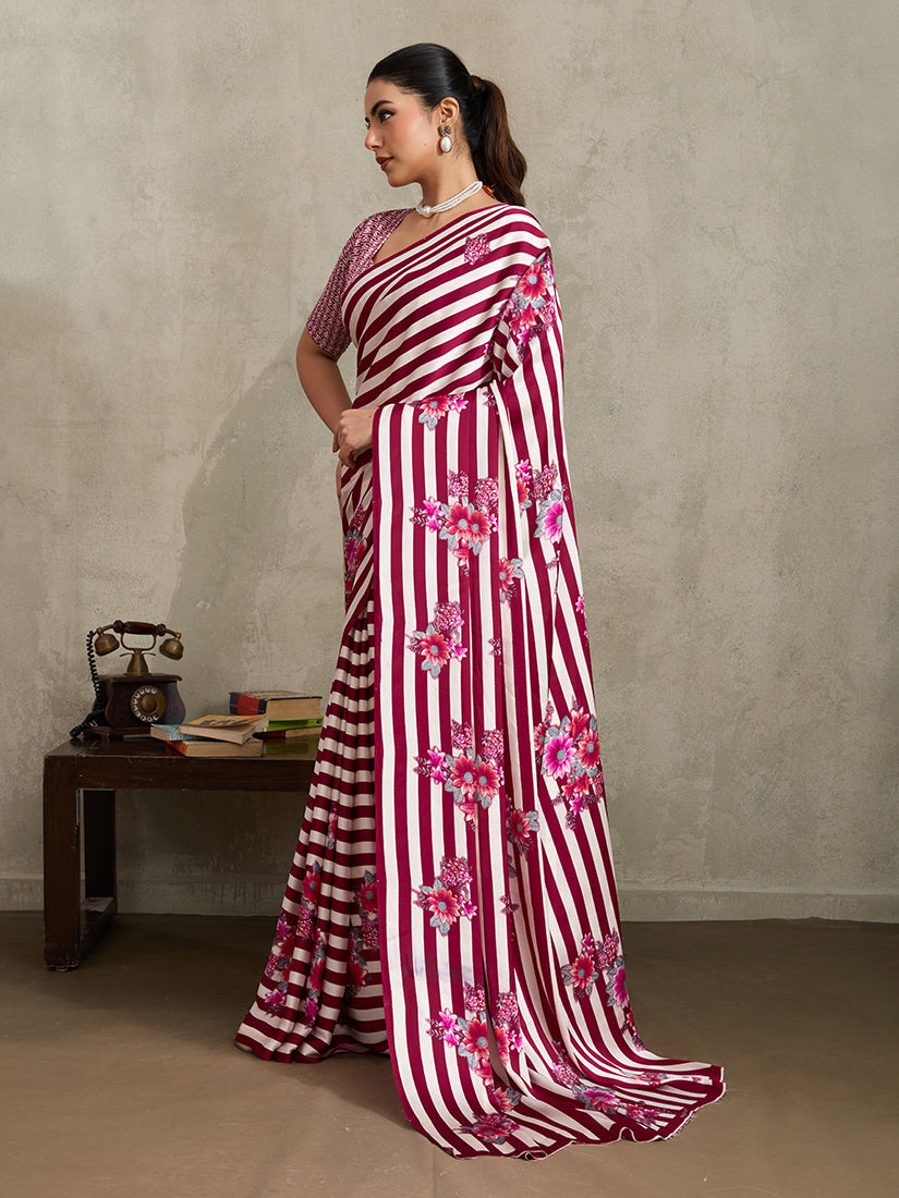 Monjolika Fashion Maroon Printed Satin Saree | Grocsy