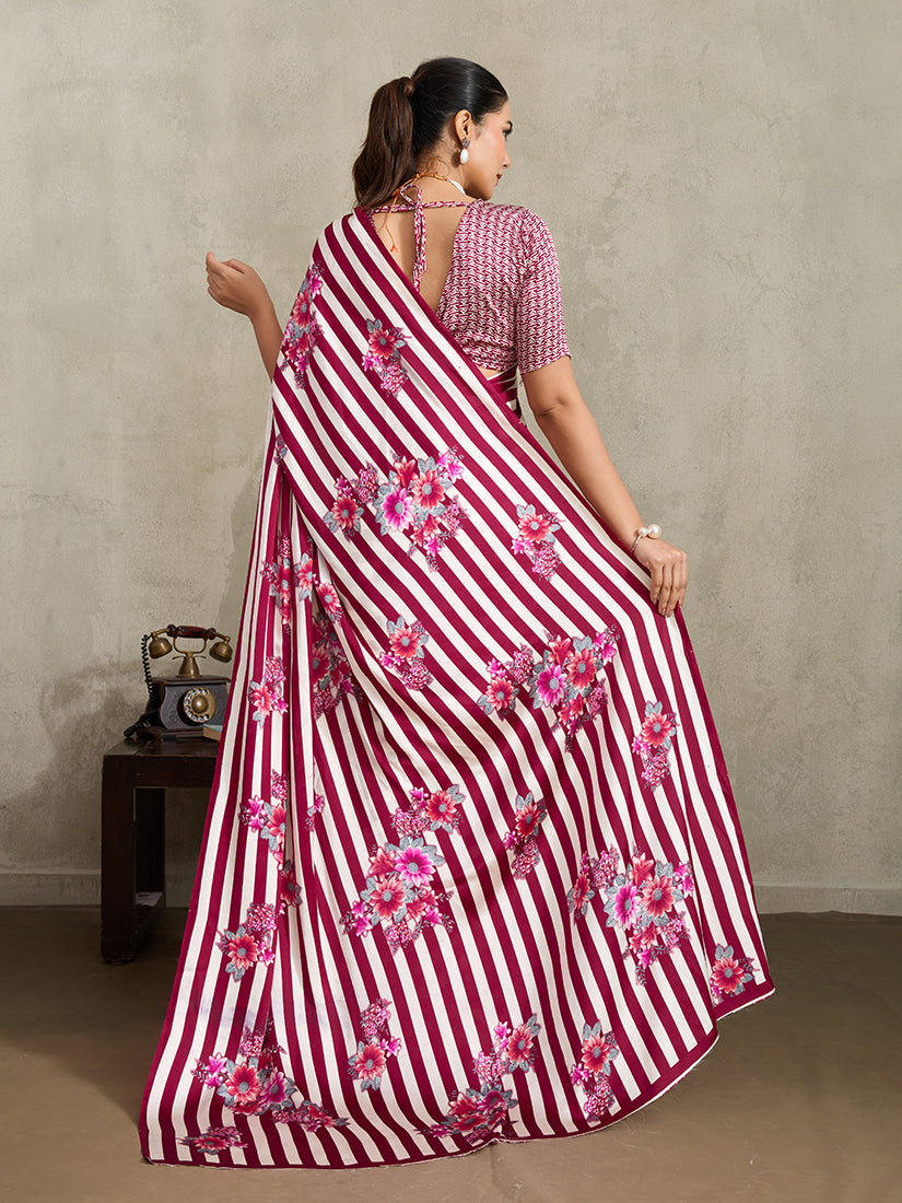 Monjolika Fashion Maroon Printed Satin Saree | Grocsy