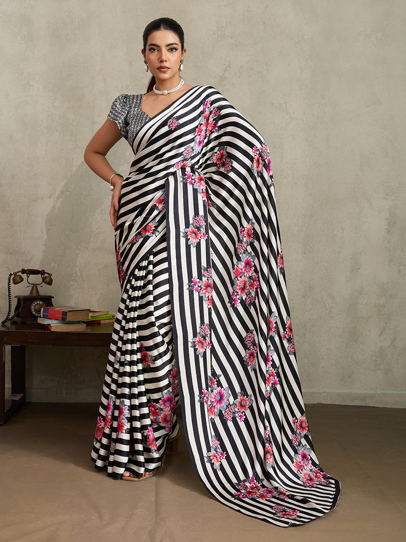 Monjolika Fashion Black Printed Satin Saree | Grocsy