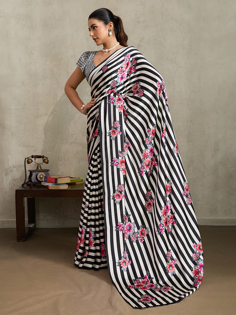 Monjolika Fashion Black Printed Satin Saree | Grocsy