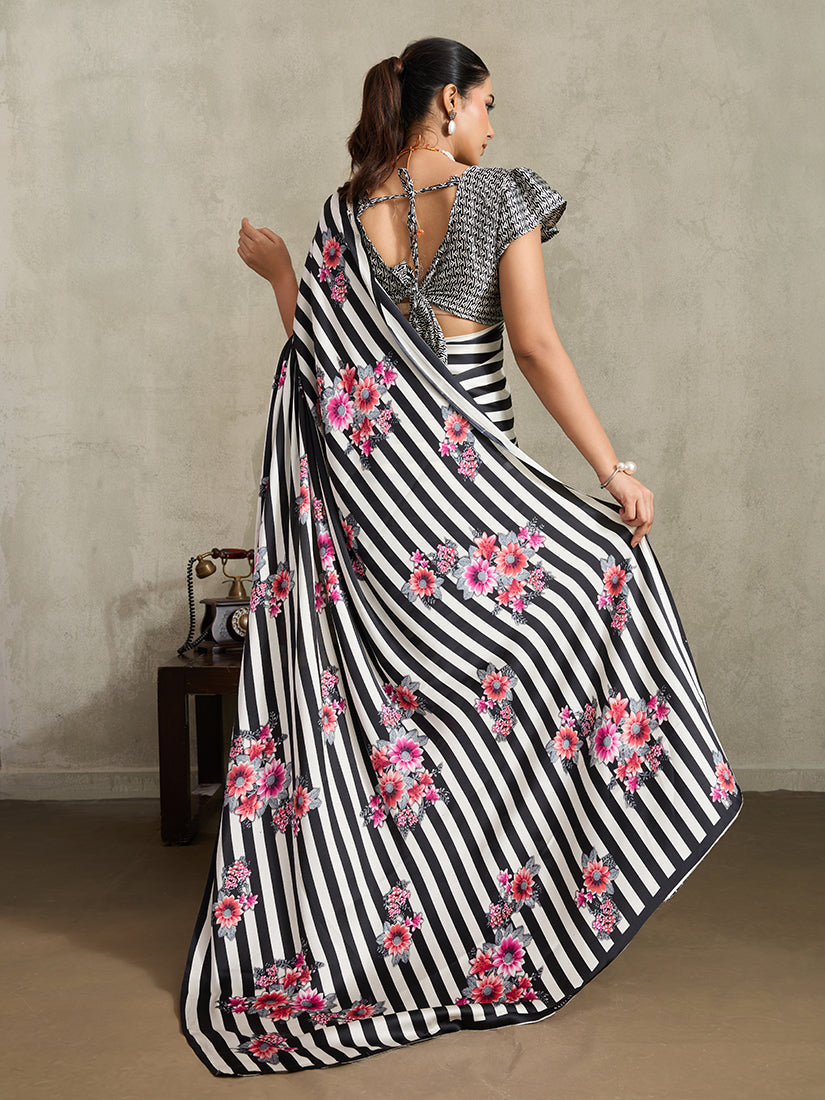 Monjolika Fashion Black Printed Satin Saree | Grocsy