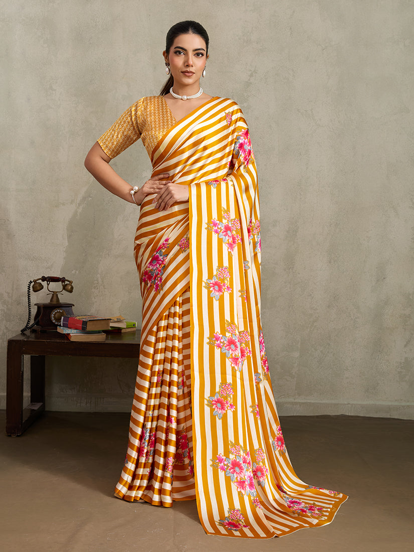 Monjolika Fashion Mustard Printed Satin Saree | Grocsy