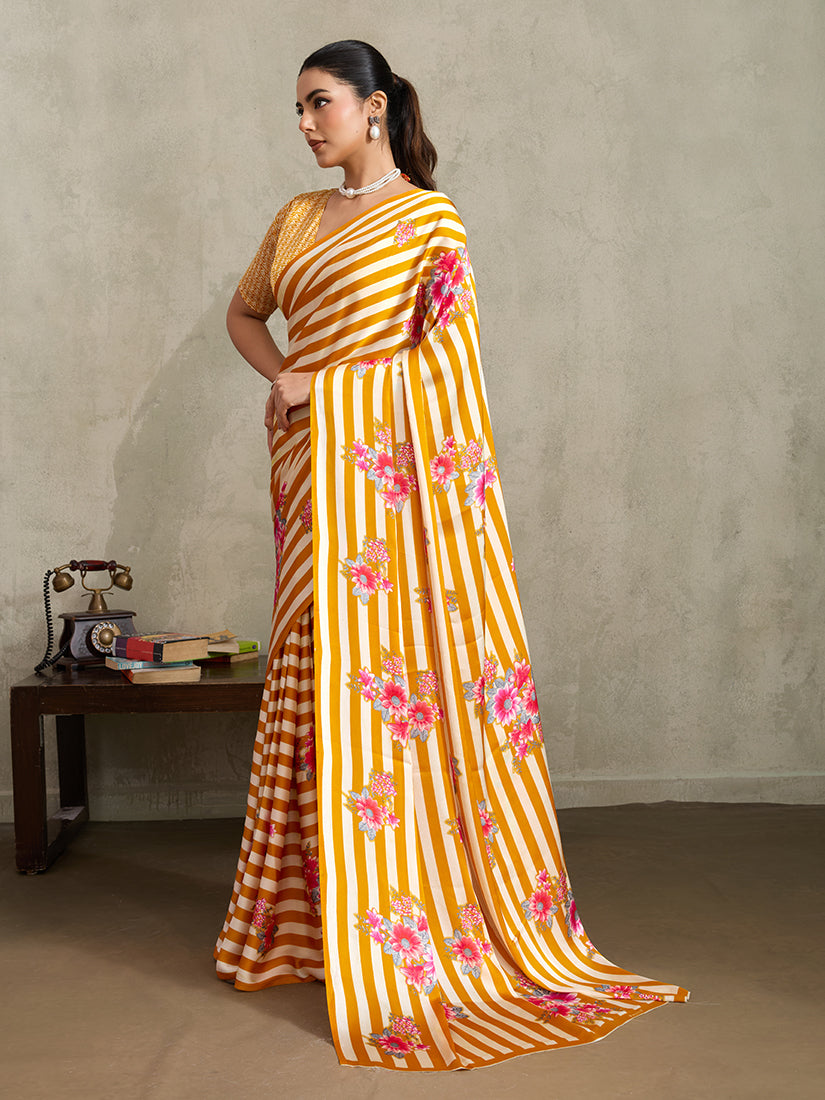 Monjolika Fashion Mustard Printed Satin Saree | Grocsy
