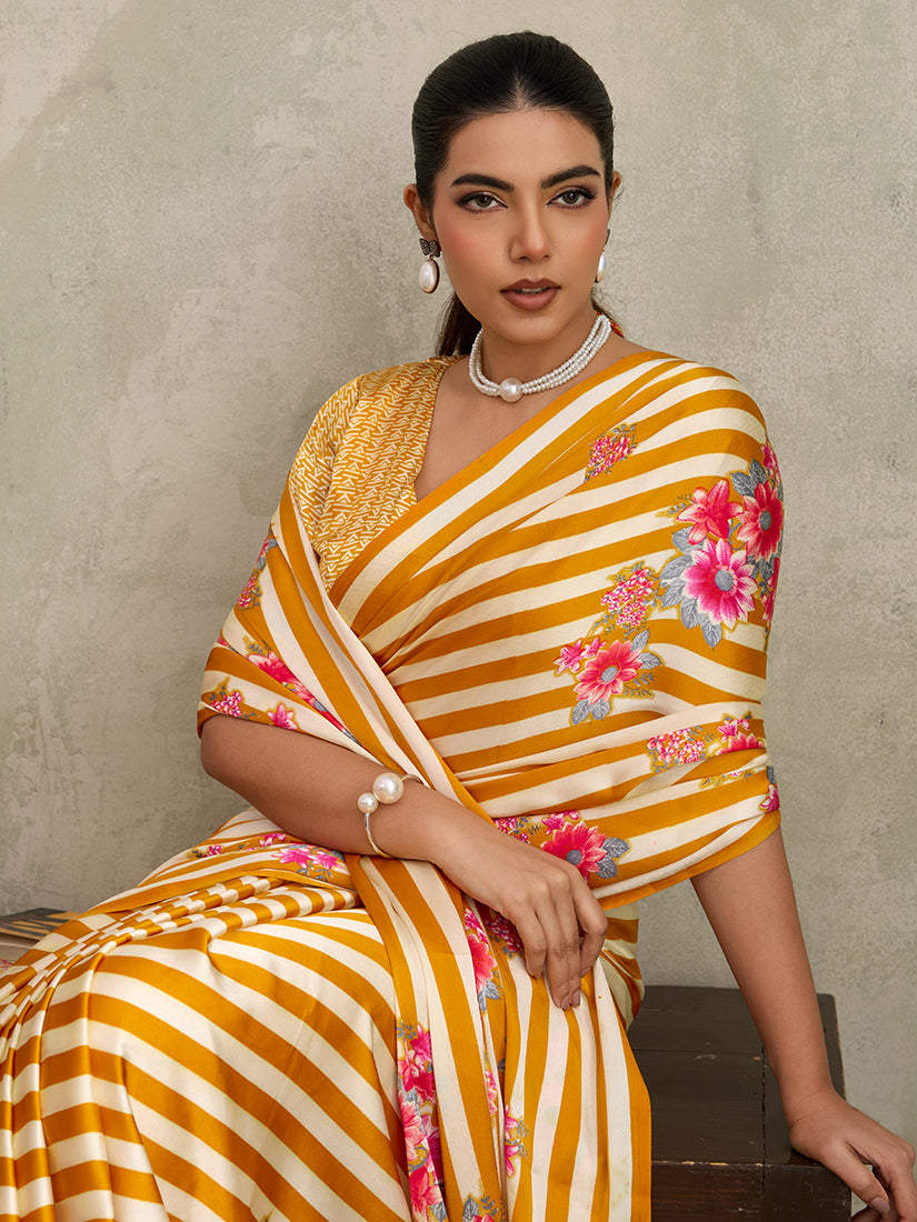 Monjolika Fashion Mustard Printed Satin Saree | Grocsy