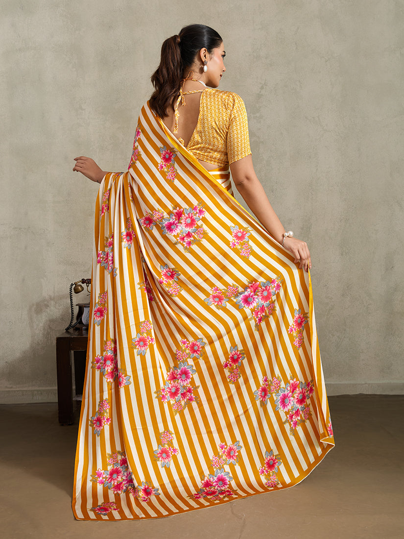 Monjolika Fashion Mustard Printed Satin Saree | Grocsy