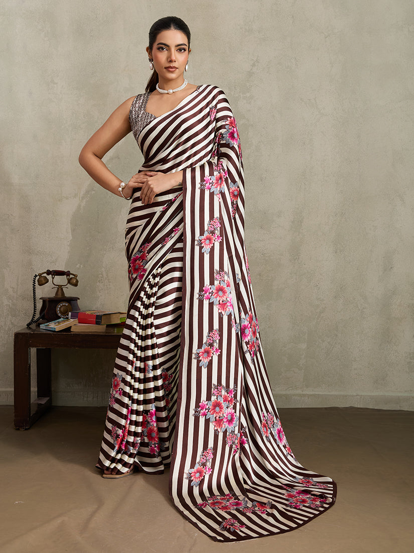 Monjolika Fashion Brown Printed Satin Saree | Grocsy