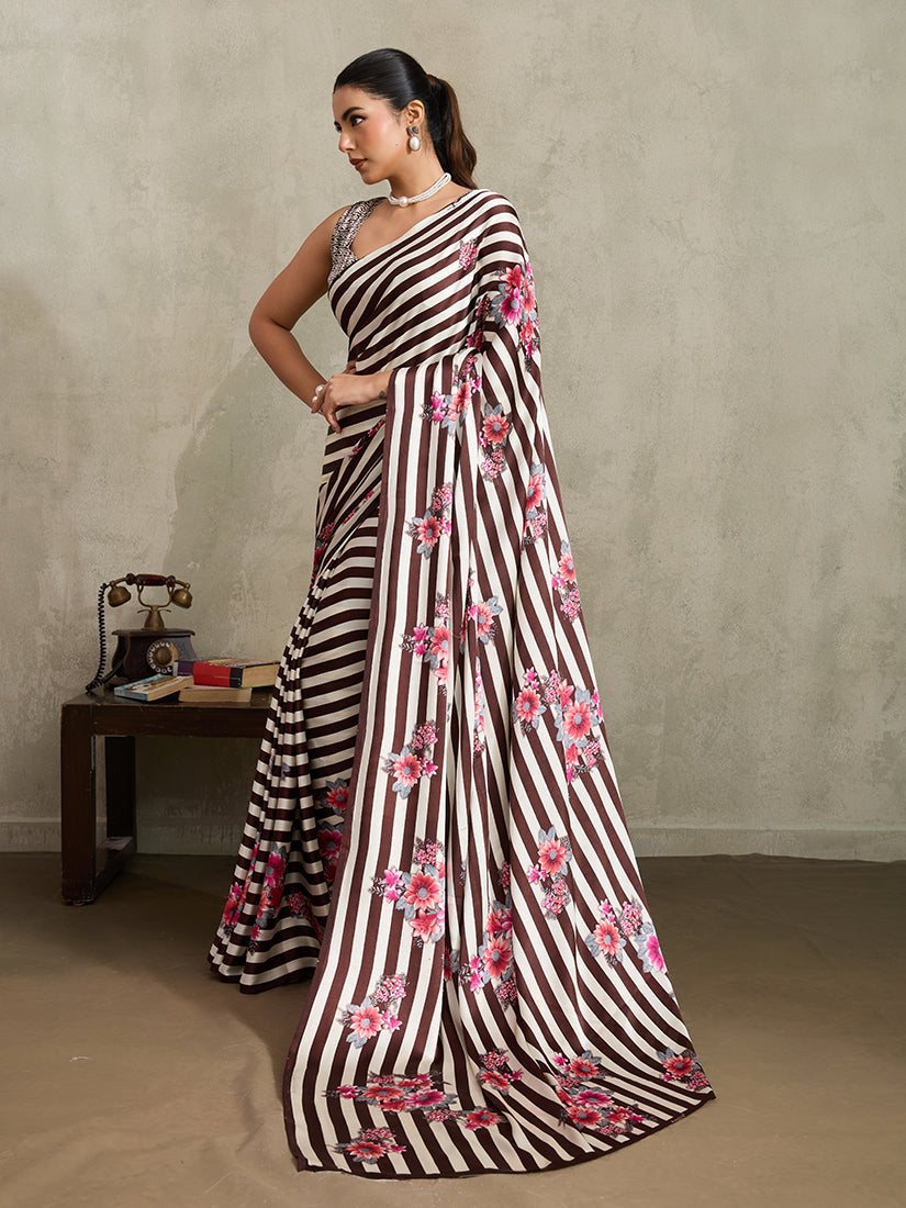 Monjolika Fashion Brown Printed Satin Saree | Grocsy