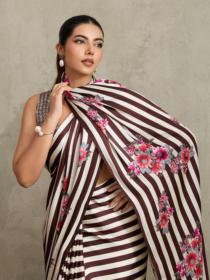 Monjolika Fashion Brown Printed Satin Saree | Grocsy
