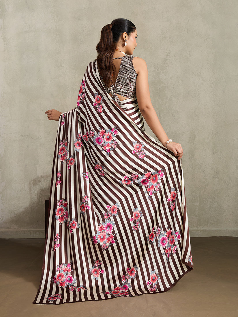 Monjolika Fashion Brown Printed Satin Saree | Grocsy