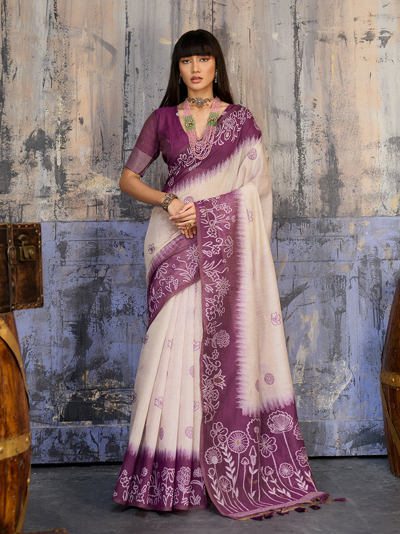 Monjolika Fashion Cotton Blend Cream & Plum Saree | Grocsy