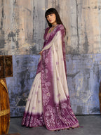 Monjolika Fashion Cotton Blend Cream & Plum Saree | Grocsy