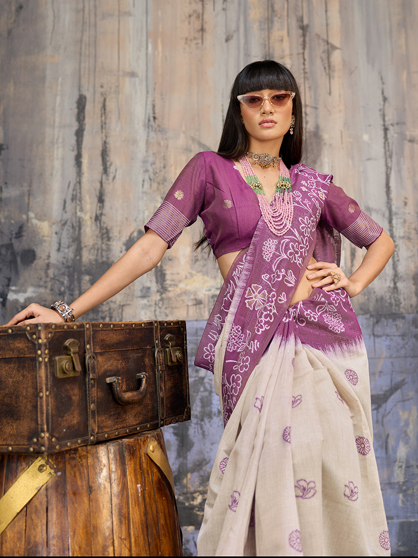 Monjolika Fashion Cotton Blend Cream & Plum Saree | Grocsy