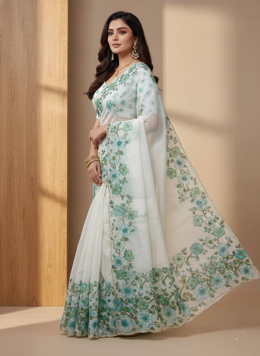 Evanik Soft Crystal Organza With Floral Print With Pearls And Pipe Hand Work Saree With Unstitched Blouse | Grocsy