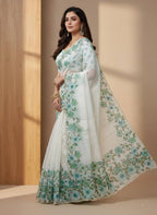 Evanik Soft Crystal Organza With Floral Print With Pearls And Pipe Hand Work Saree With Unstitched Blouse | Grocsy