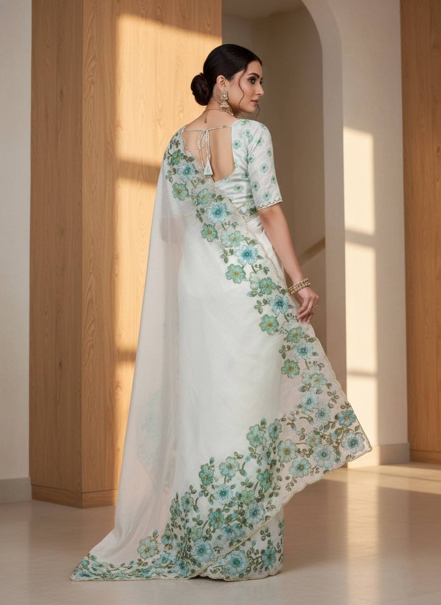 Evanik Soft Crystal Organza With Floral Print With Pearls And Pipe Hand Work Saree With Unstitched Blouse | Grocsy