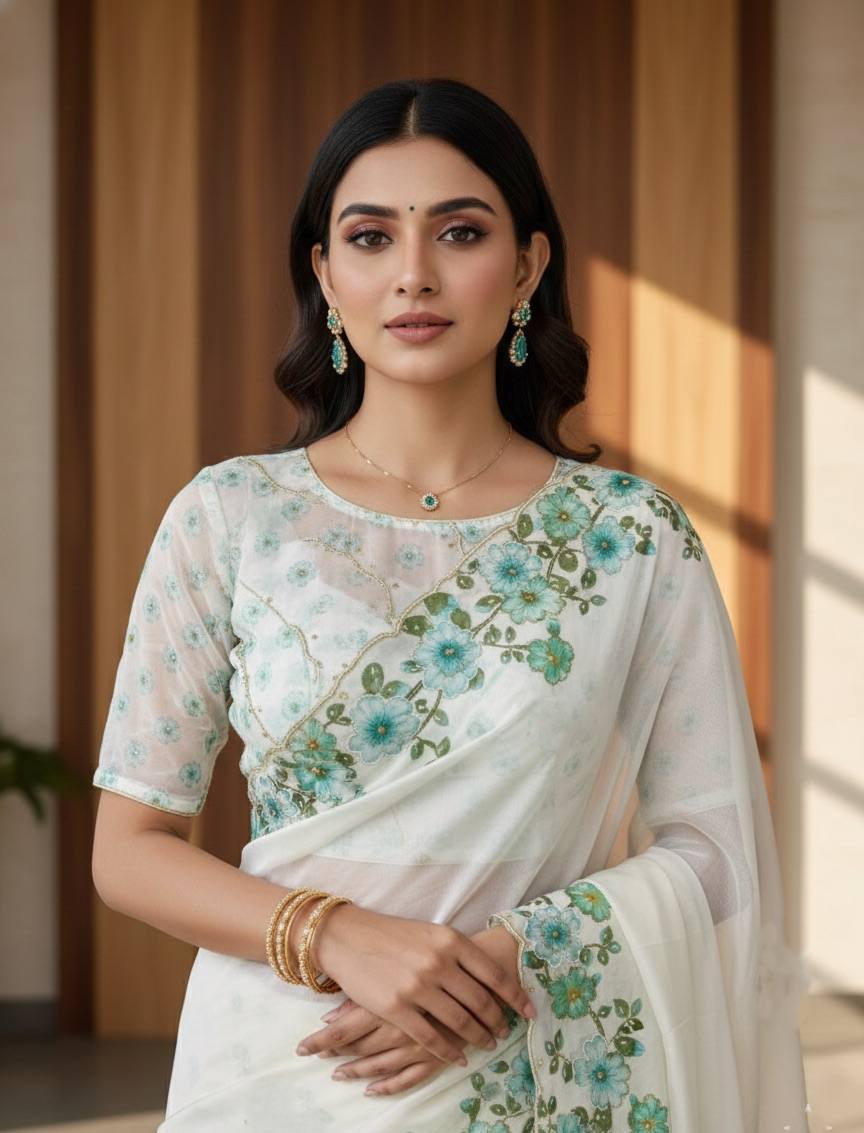Evanik Soft Crystal Organza With Floral Print With Pearls And Pipe Hand Work Saree With Unstitched Blouse | Grocsy