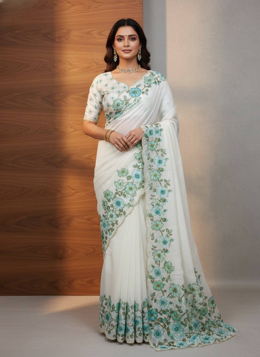 Evanik Soft Crystal Organza With Floral Print With Pearls And Pipe Hand Work Saree With Unstitched Blouse | Grocsy
