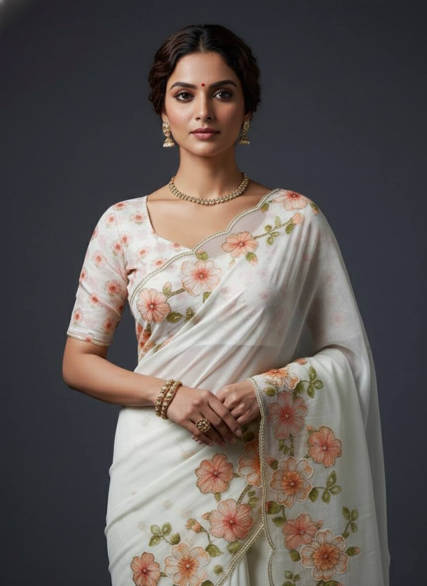 Evanik Soft Crystal Organza With Floral Print With Pearls And Pipe Hand Work Saree With Unstitched Blouse | Grocsy