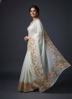 Evanik Soft Crystal Organza With Floral Print With Pearls And Pipe Hand Work Saree With Unstitched Blouse | Grocsy